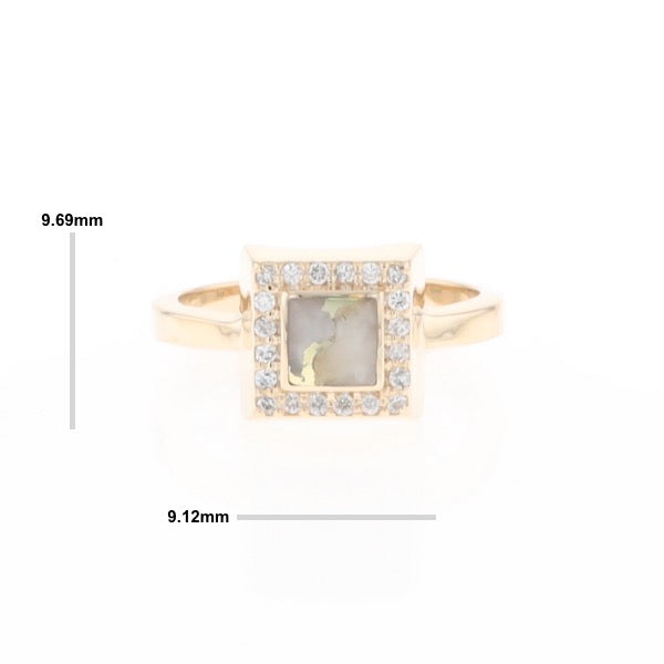 Gold Quartz Ring Square Inlaid Halo .14ctw Diamonds Design