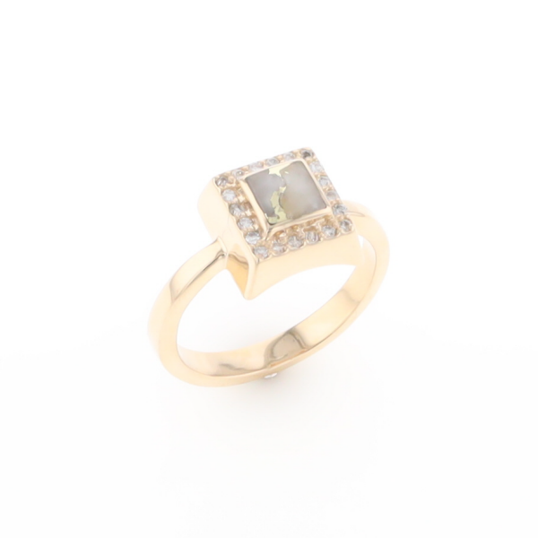 Gold Quartz Ring Square Inlaid Halo .14ctw Diamonds Design