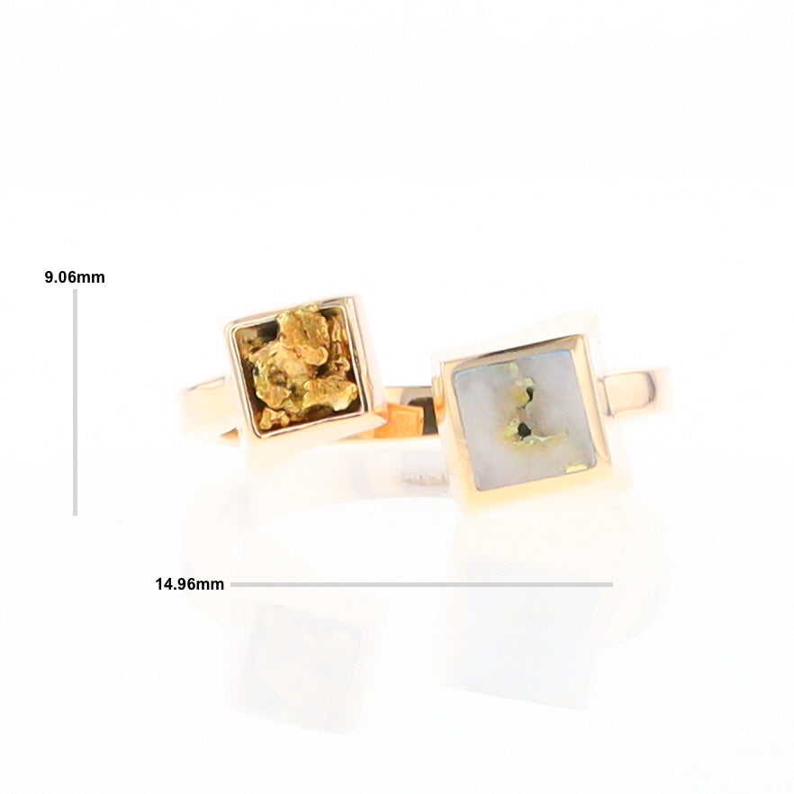 Gold Quartz Ring Natural Nuggets Inlaid Wrap Double Square Design