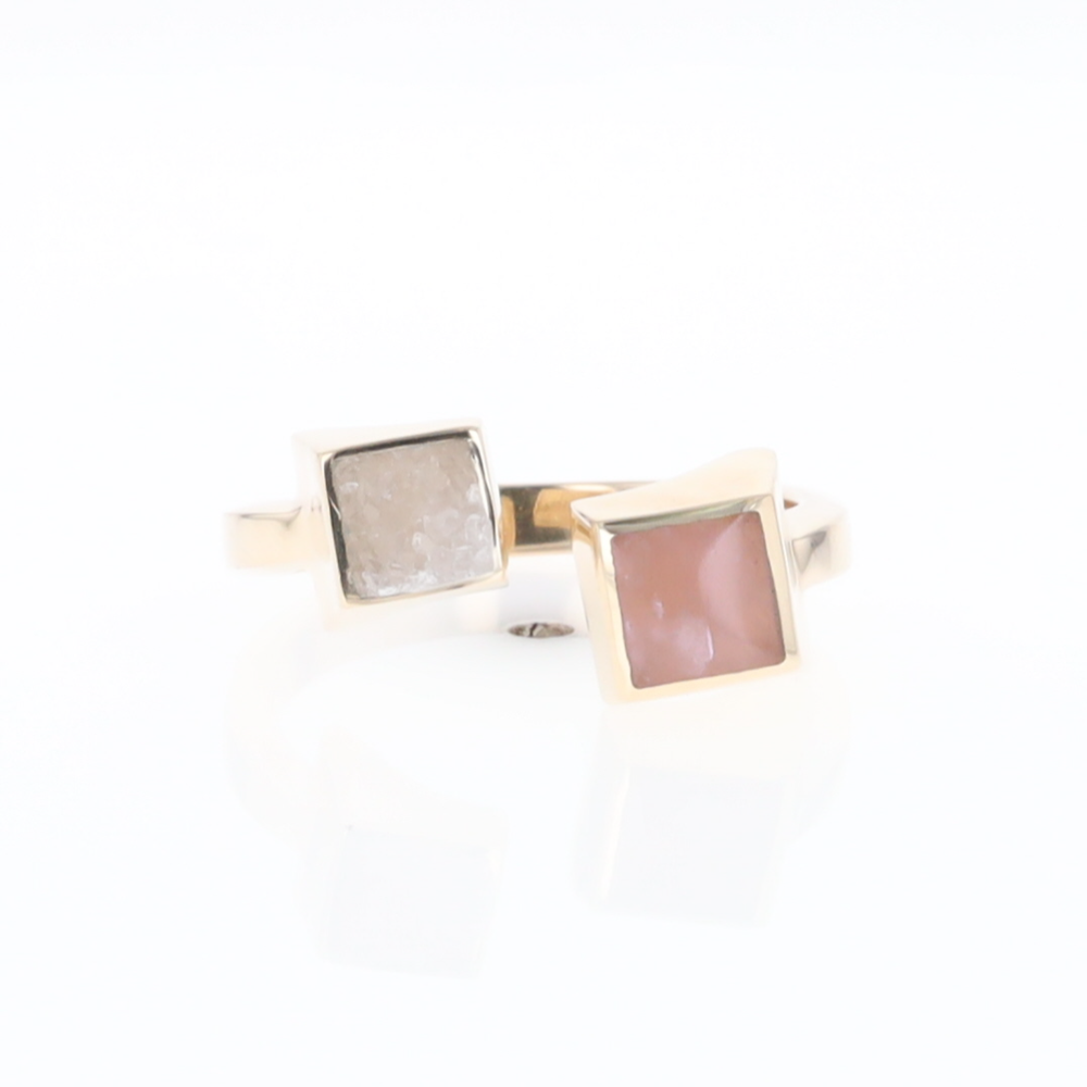 Rose and Druzy Quartz Ring Inlaid Wrap Double Square Design