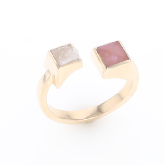 Rose and Druzy Quartz Ring Inlaid Wrap Double Square Design