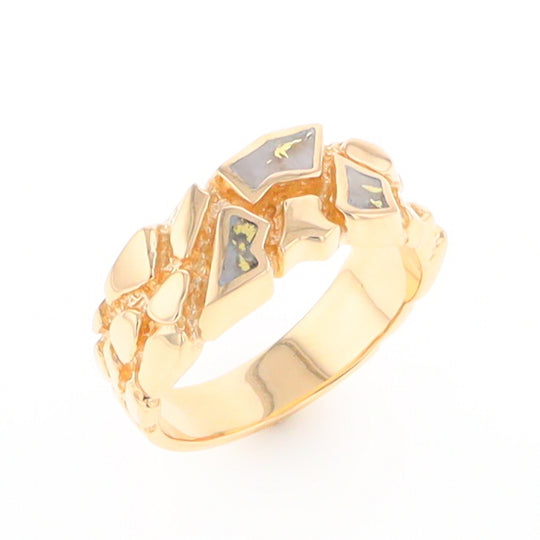 Gold Quartz Ring 3 Section Inlaid Nugget Design Band