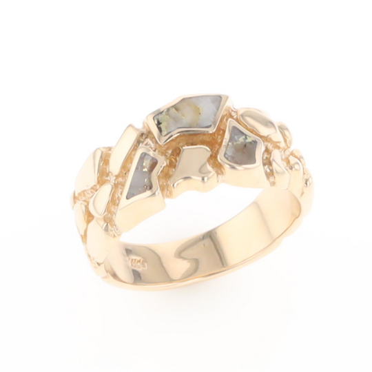Gold Quartz Ring 3 Section Inlaid Nugget Design Band