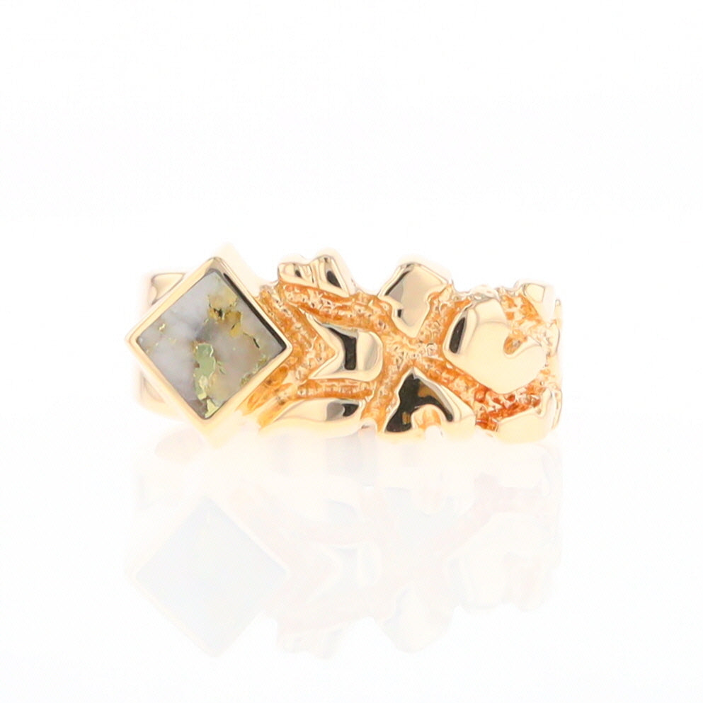 Gold Quartz Ring Diamond Shape Inlay Nugget Design Band