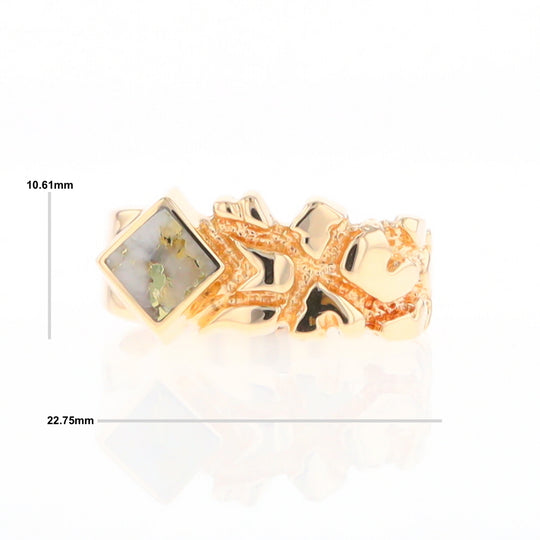 Gold Quartz Ring Diamond Shape Inlay Nugget Design Band