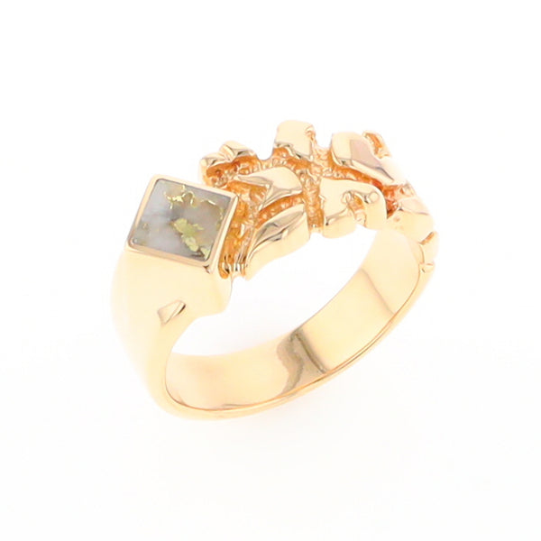 Gold Quartz Ring Diamond Shape Inlay Nugget Design Band