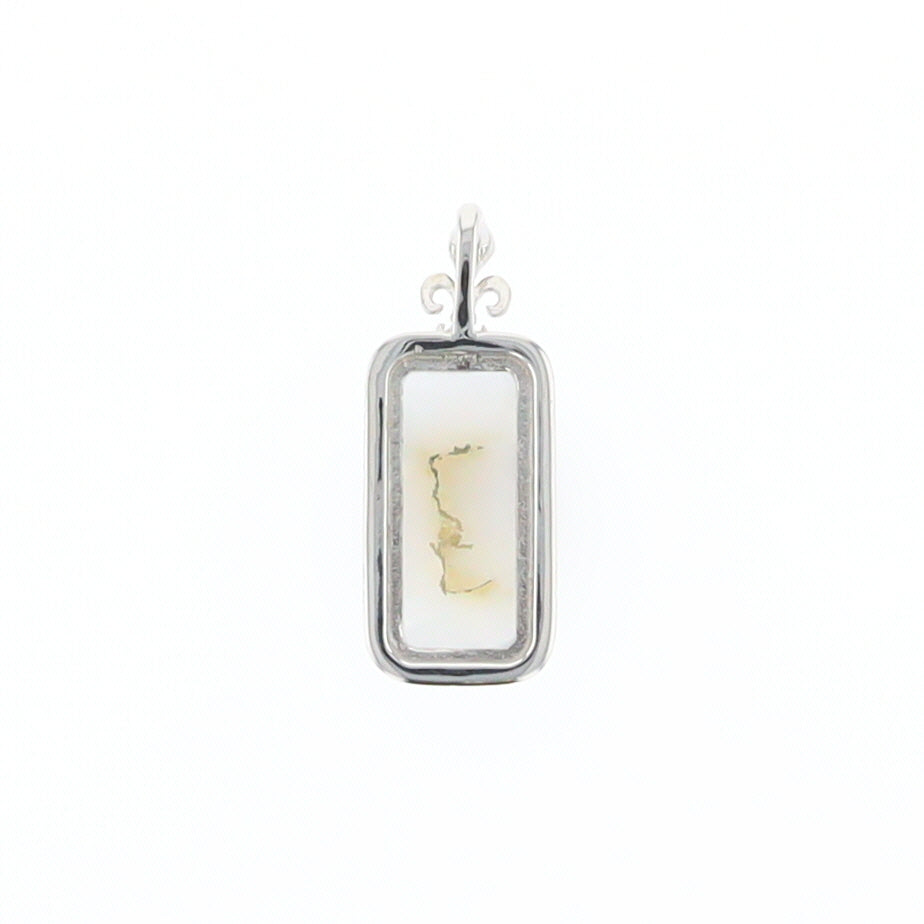 Gold Quartz Necklace, Rectangle Inlaid Fleur De Lis Design with .02ctw Diamond Pendant