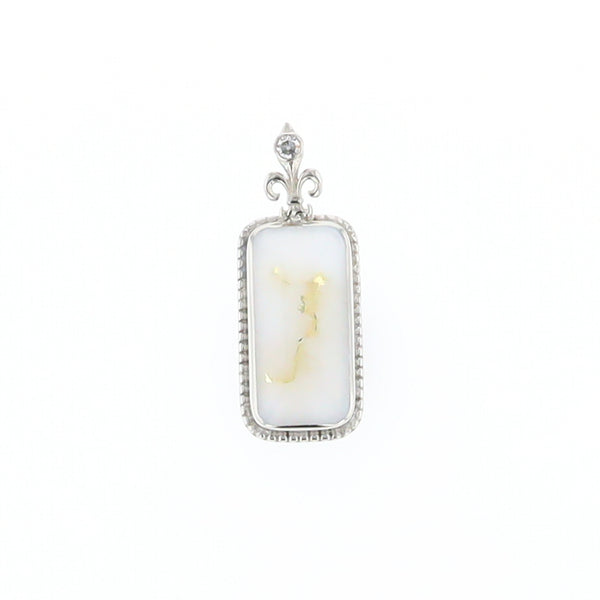 Gold Quartz Necklace, Rectangle Inlaid Fleur De Lis Design with .02ctw Diamond Pendant