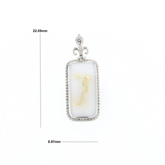 Gold Quartz Necklace, Rectangle Inlaid Fleur De Lis Design with .02ctw Diamond Pendant