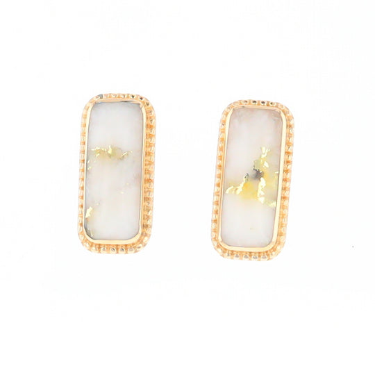 Gold Quartz Earrings Rectangle Inlaid Milgrain Design - G2