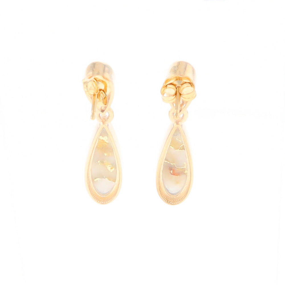 Gold Quartz Earrings Tear Drop Inlaid Design