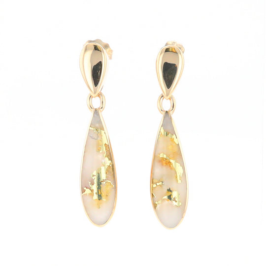 Gold Quartz Earrings Tear Drop Inlaid Design