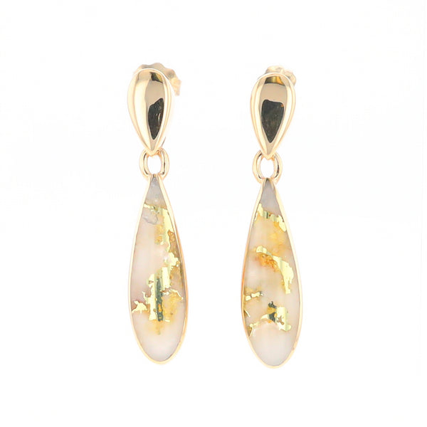 Gold Quartz Earrings Tear Drop Inlaid Design