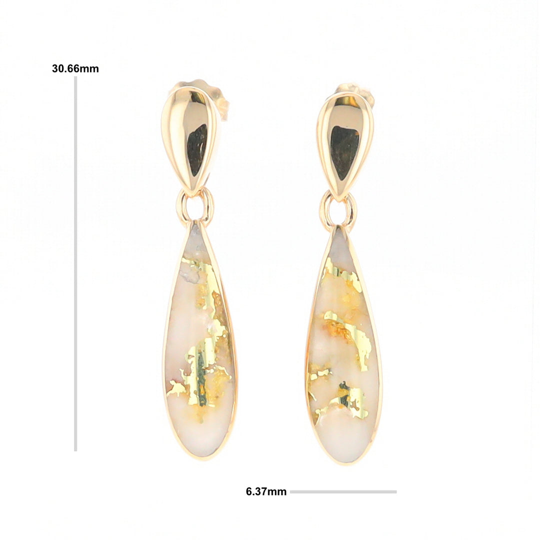 Gold Quartz Earrings Tear Drop Inlaid Design