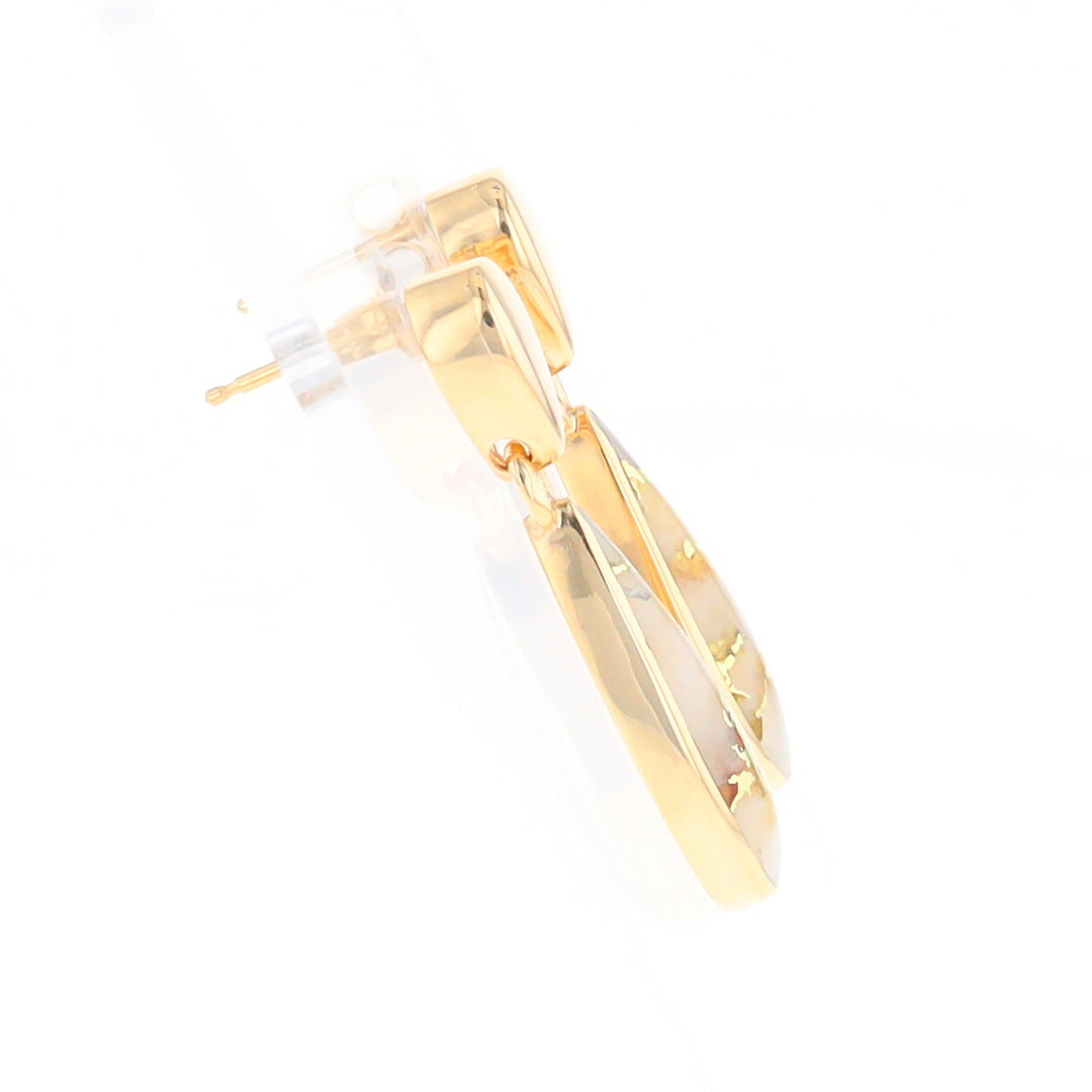 Gold Quartz Earrings Tear Drop Inlaid Design