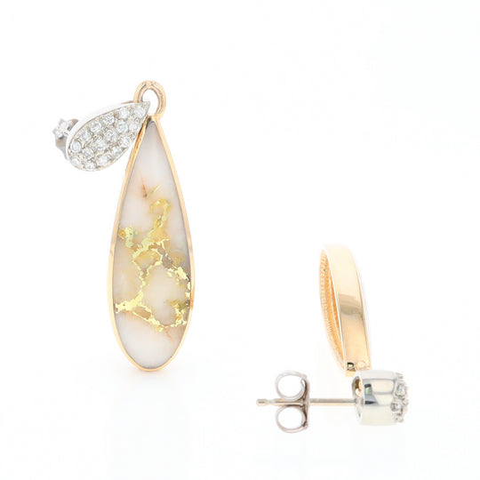 Gold Quartz Earrings, Tear Drop Inlaid with .22ctw Diamond Pave Design