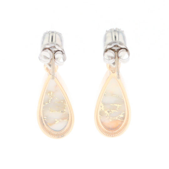 Gold Quartz Earrings, Tear Drop Inlaid with .22ctw Diamond Pave Design