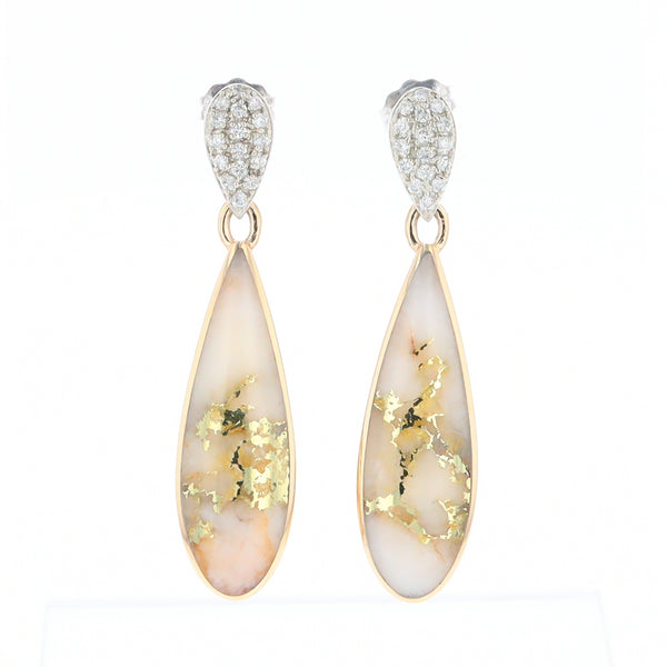 Gold Quartz Earrings, Tear Drop Inlaid with .22ctw Diamond Pave Design