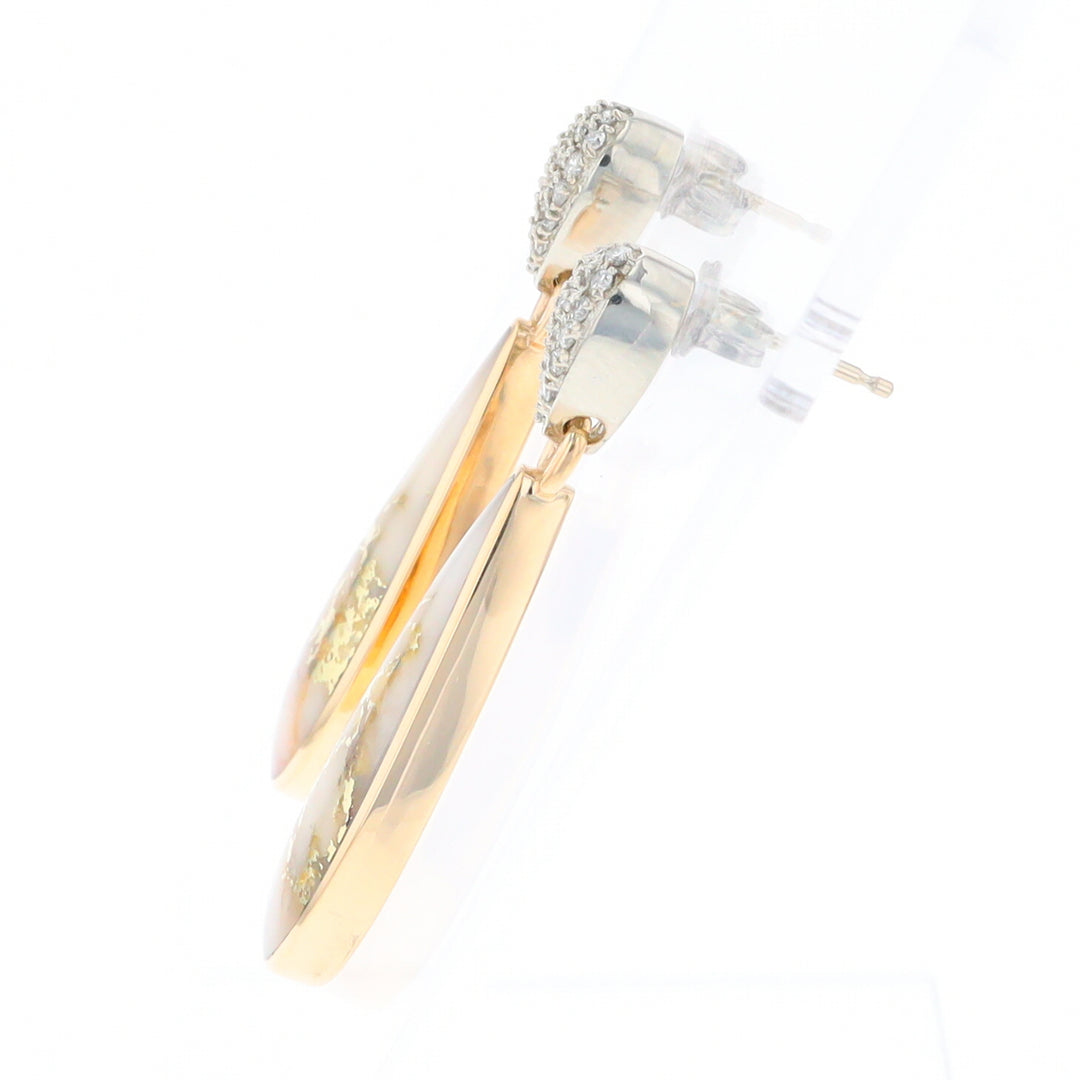 Gold Quartz Earrings, Tear Drop Inlaid with .22ctw Diamond Pave Design