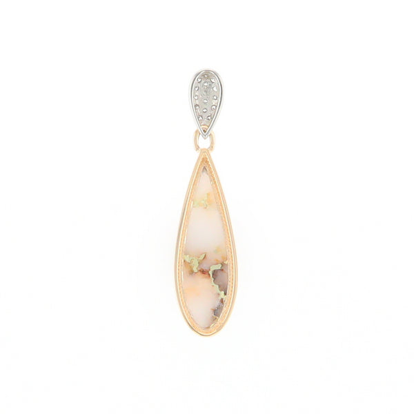 Gold Quartz Necklace, Tear Drop Inlaid Design with .11ctw Diamond Pave Pendant