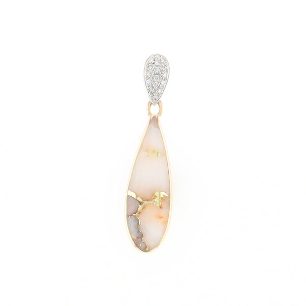 Gold Quartz Necklace, Tear Drop Inlaid Design with .11ctw Diamond Pave Pendant