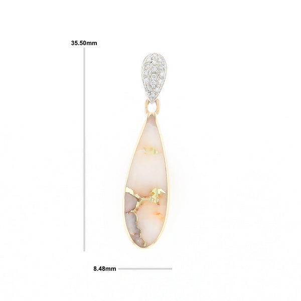 Gold Quartz Necklace, Tear Drop Inlaid Design with .11ctw Diamond Pave Pendant