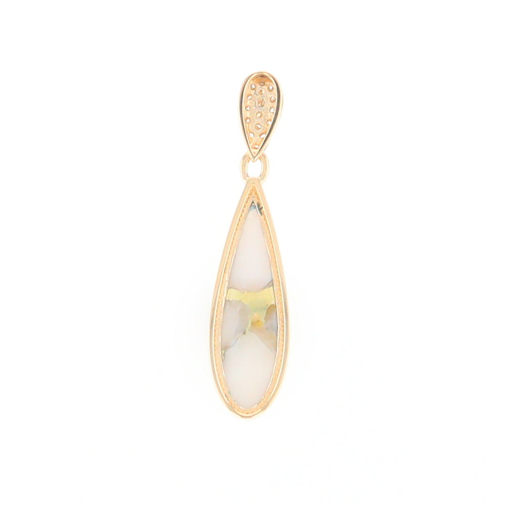 Gold Quartz Necklace, Tear Drop Inlaid Design with 0.11ctw Diamond Pave Pendant G2