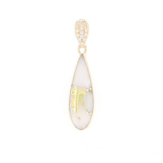 Gold Quartz Necklace, Tear Drop Inlaid Design with 0.11ctw Diamond Pave Pendant G2