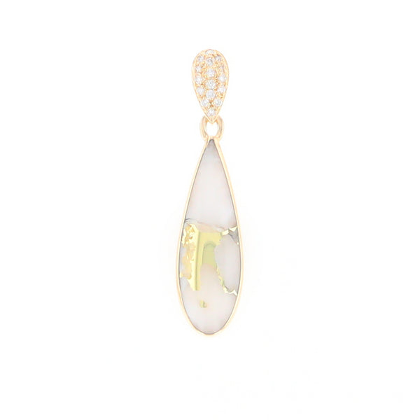 Gold Quartz Necklace, Tear Drop Inlaid Design with 0.11ctw Diamond Pave Pendant G2