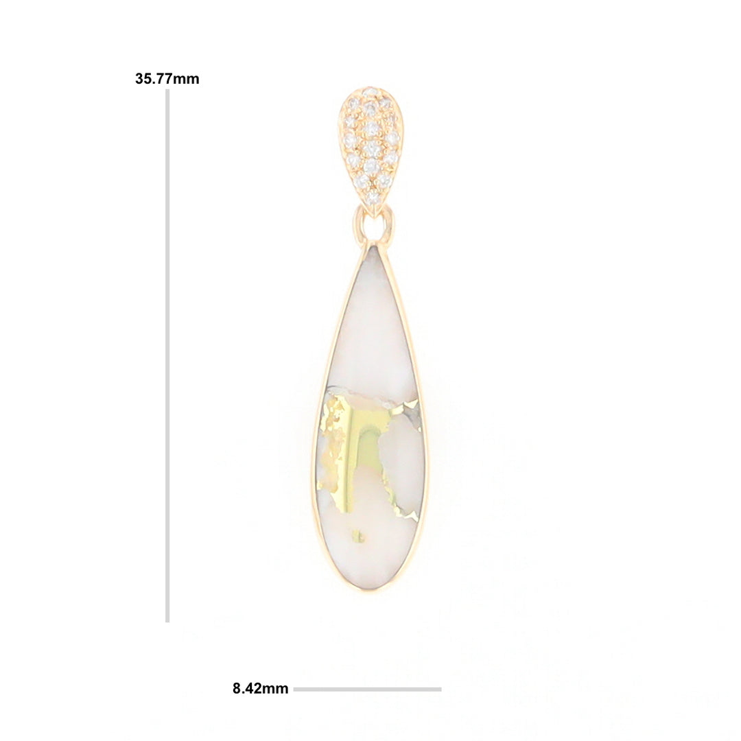 Gold Quartz Necklace, Tear Drop Inlaid Design with 0.11ctw Diamond Pave Pendant G2