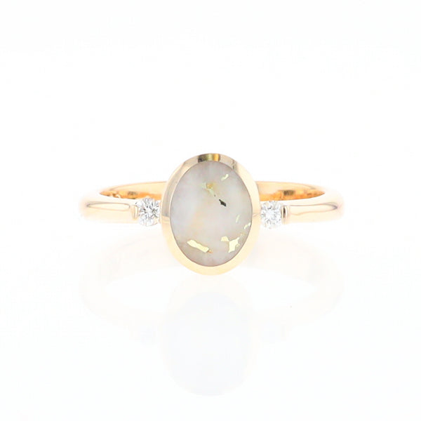 Gold Quartz Ring Oval Inlaid Design Center with .06ctw Round Diamonds