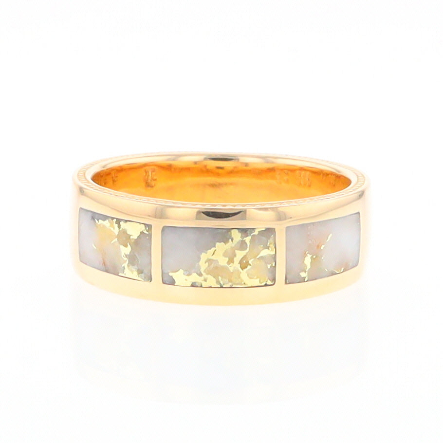 Gold Quartz Ring 3 Section Rectangle Inlaid Band with Milgrain Design