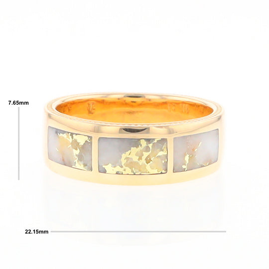 Gold Quartz Ring 3 Section Rectangle Inlaid Band with Milgrain Design