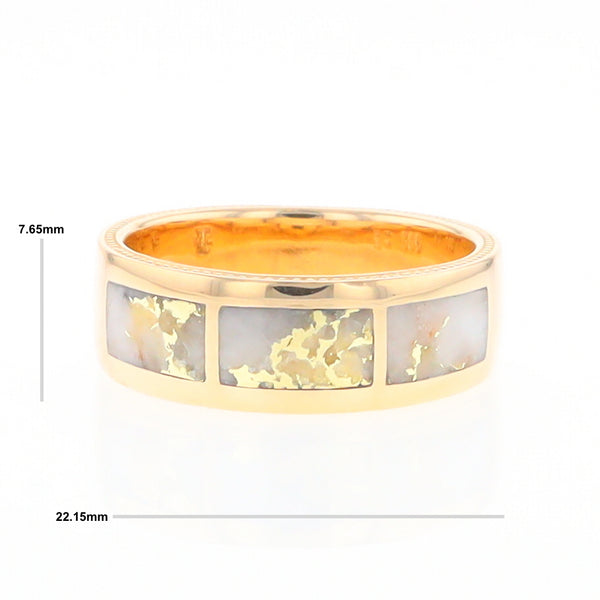 Gold Quartz Ring 3 Section Rectangle Inlaid Band with Milgrain Design