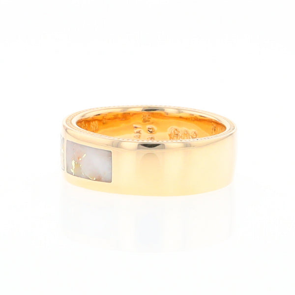 Gold Quartz Ring 3 Section Rectangle Inlaid Band with Milgrain Design