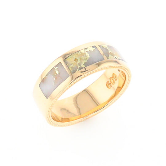 Gold Quartz Ring 3 Section Rectangle Inlaid Band with Milgrain Design