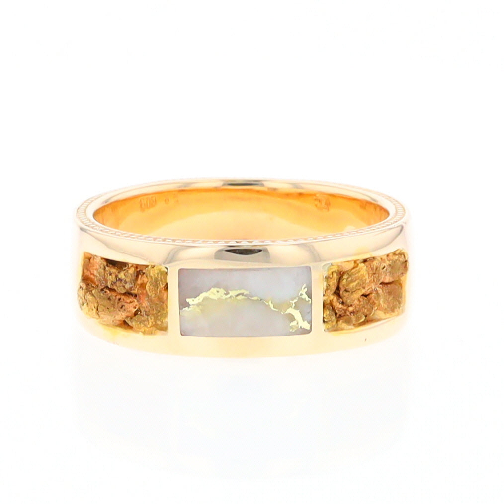 Gold Quartz Ring Natural Nugget Sides Rectangle Inlaid Center Milgrain Band