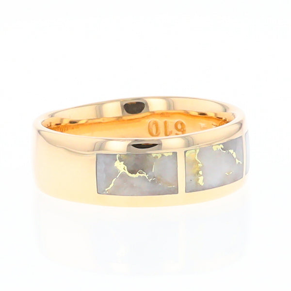 Gold Quartz Ring 3 Section Rectangle Inlaid Design Band