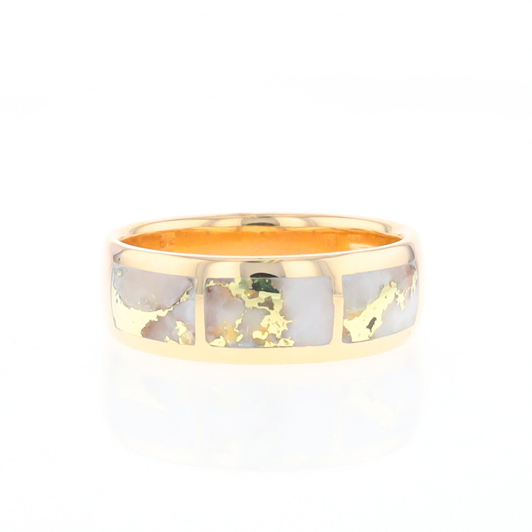 Gold Quartz Ring 3 Section Rectangle Inlaid Band