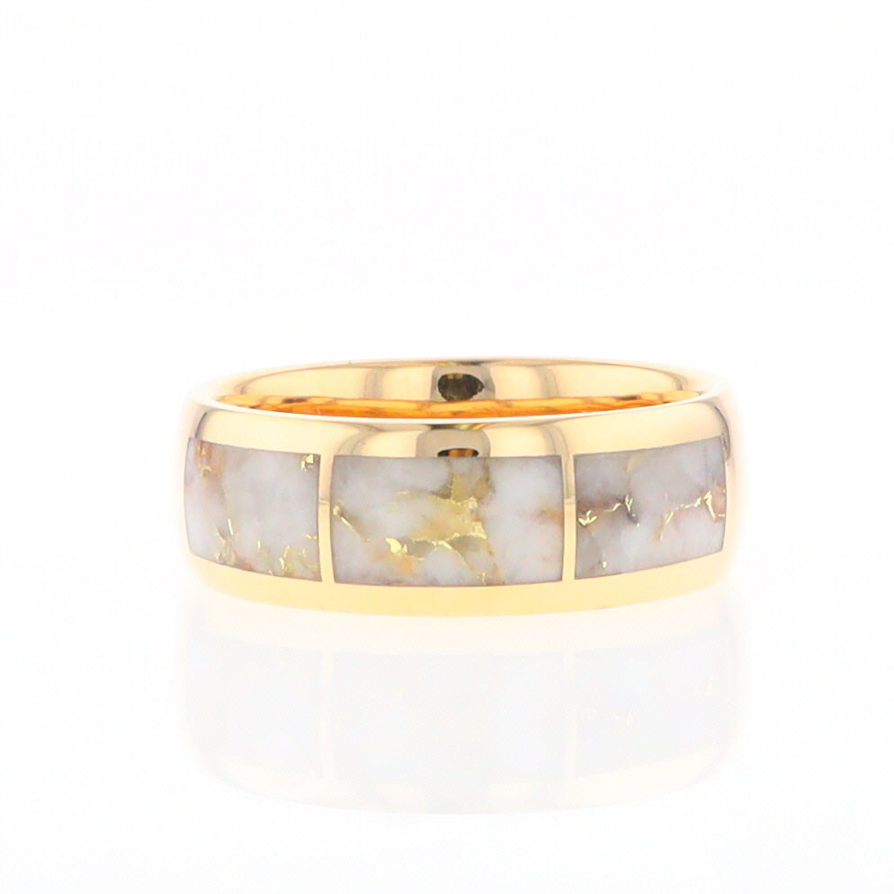 Gold Quartz Ring 3 Section Rectangle Inlaid Design Band