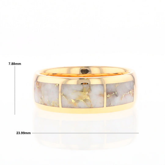 Gold Quartz Ring 3 Section Rectangle Inlaid Design Band