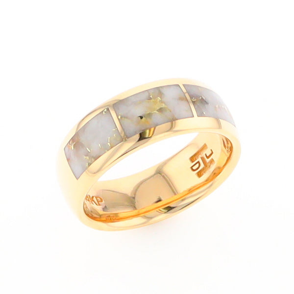 Gold Quartz Ring 3 Section Rectangle Inlaid Design Band