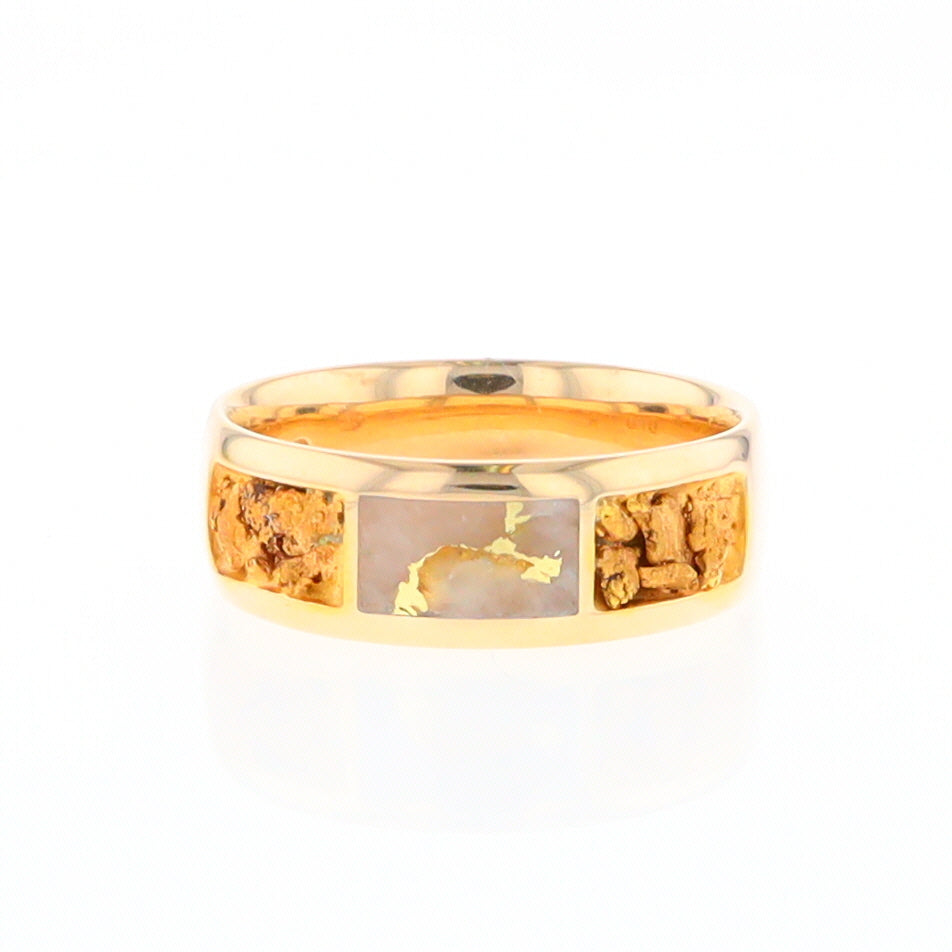 Gold Quartz Ring Rectangle Inlaid with Natural Nugget Sides