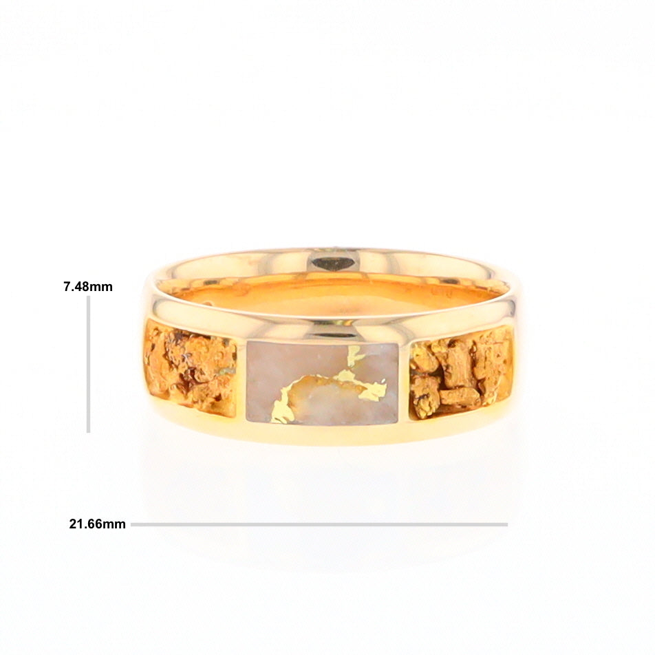 Gold Quartz Ring Rectangle Inlaid with Natural Nugget Sides