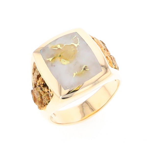 Gold Quartz Ring Double Side Natural Nuggets with Rectangle Inlaid Center
