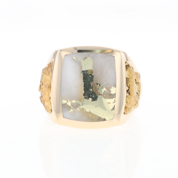 Gold Quartz Ring Double Side Natural Nuggets Rectangle Inlaid Center G1