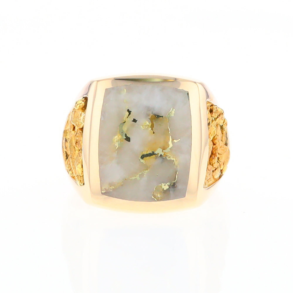 Gold Quartz Ring Double Side Natural Nuggets with Rectangle Inlaid Center