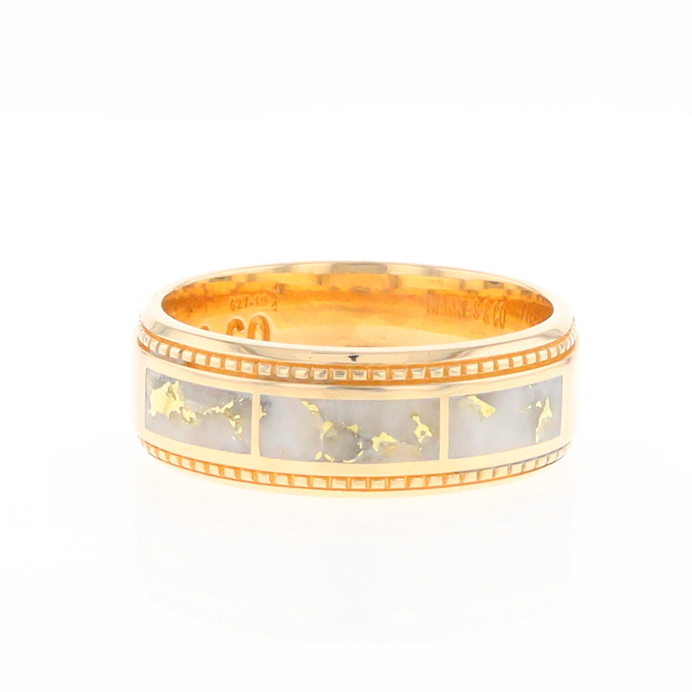 Gold Quartz Ring 3 Section Rectangle Inlaid Milgrain Border Band