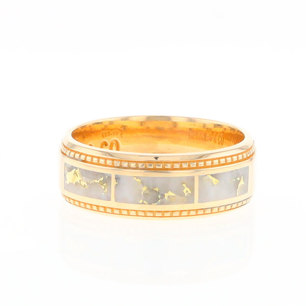 Gold Quartz Ring 3 Section Rectangle Inlaid Milgrain Border Band