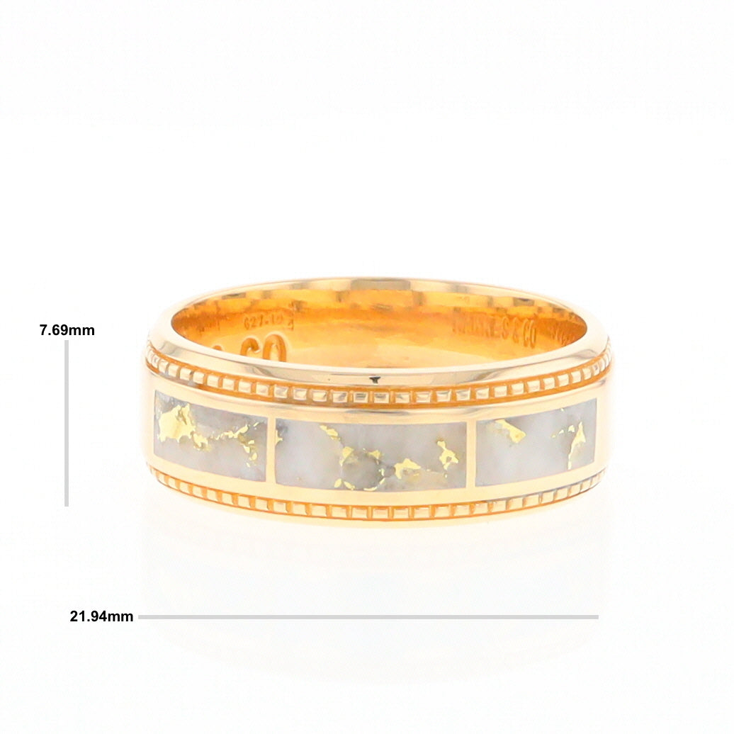 Gold Quartz Ring 3 Section Rectangle Inlaid Milgrain Border Band